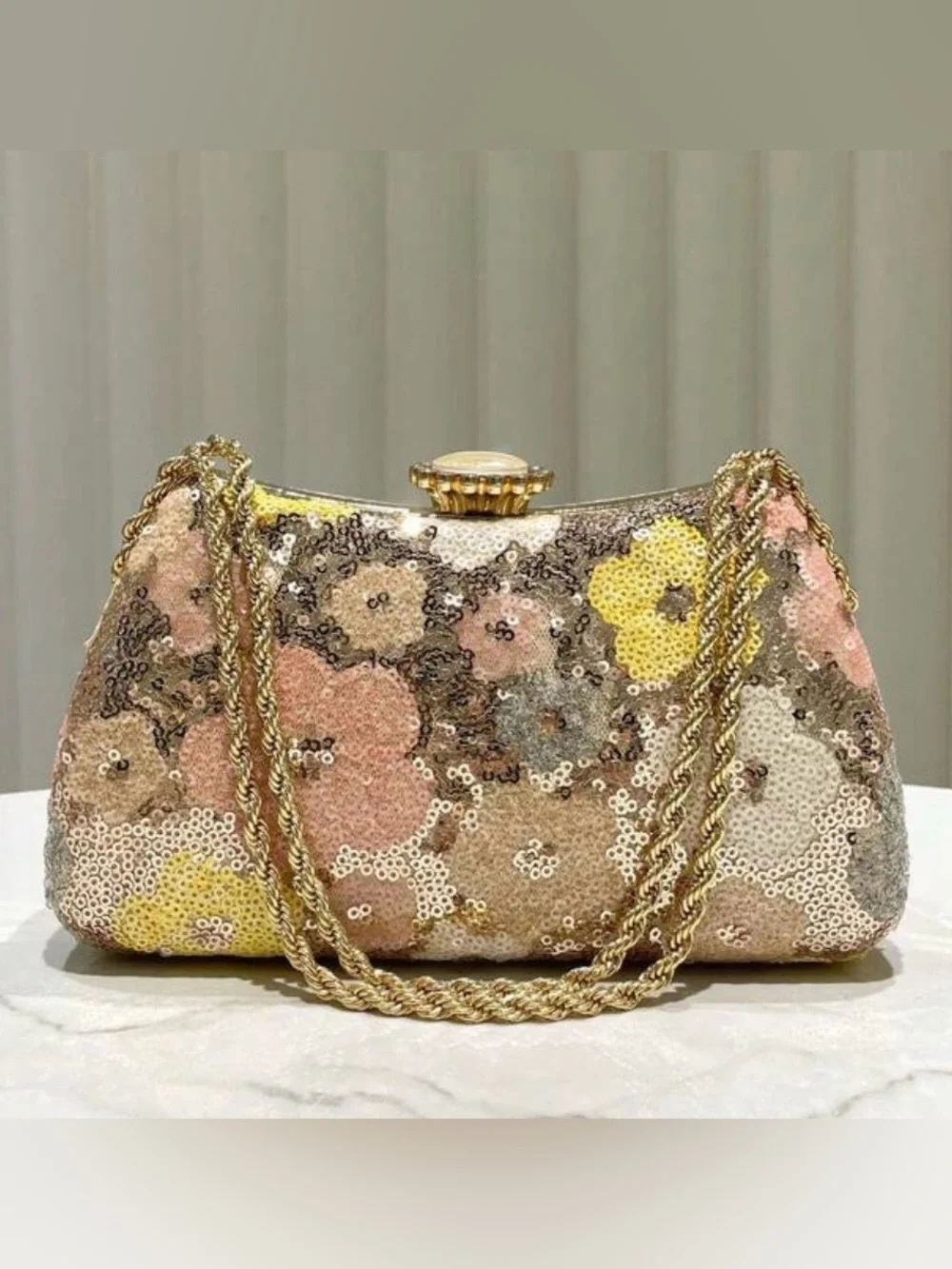 Sequin Floral Evening Clutch in Pink, Yellow & Gold